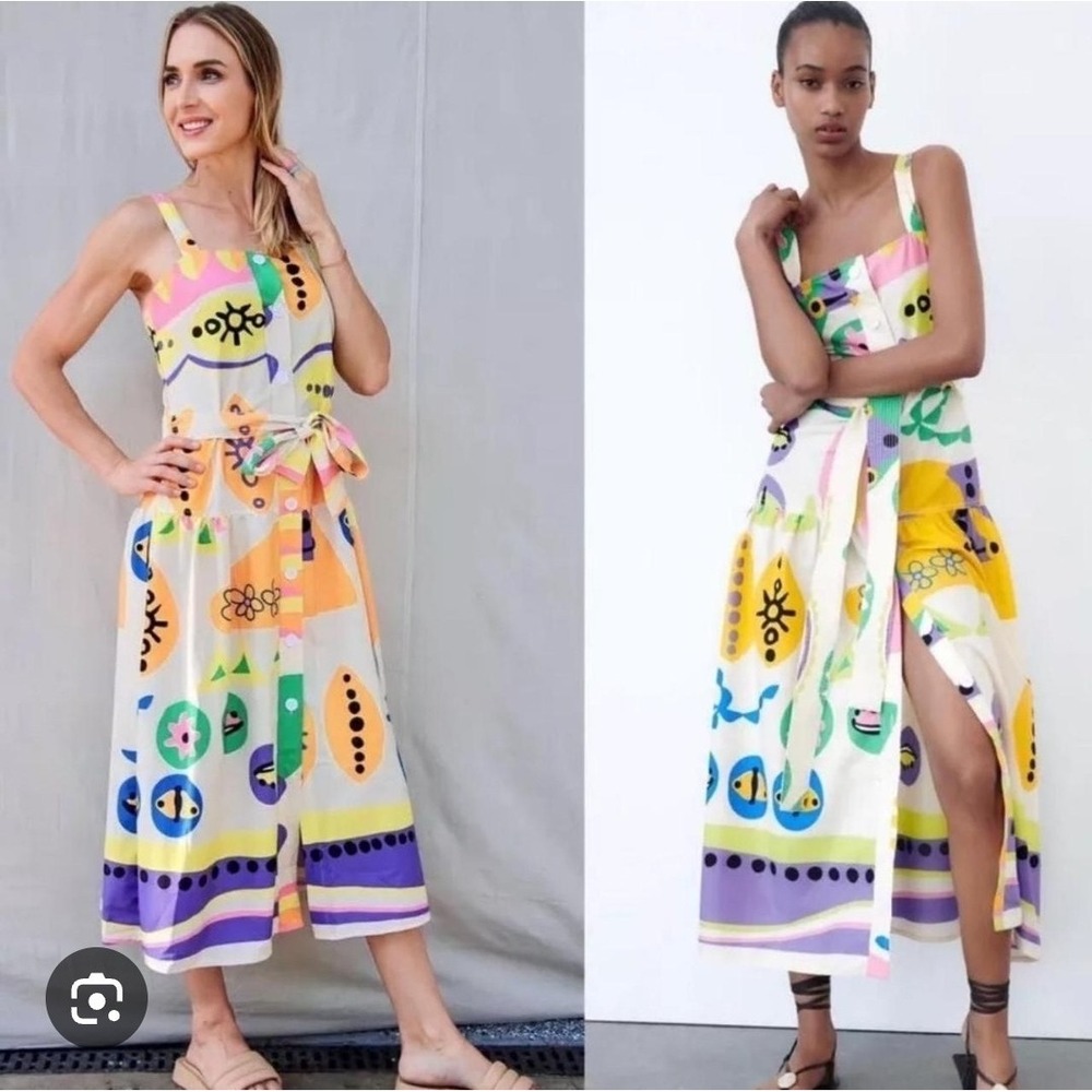Zara Dress Womens XS Multicolor Sleeveless Button Up Midi Ladybug Beach Tropical